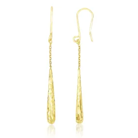 14k Yellow Gold Long Chain Drop Earrings with Diamond Cut Teardrops-rx96507