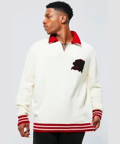 boohooMAN Mens Oversized M Varsity Revere Polo