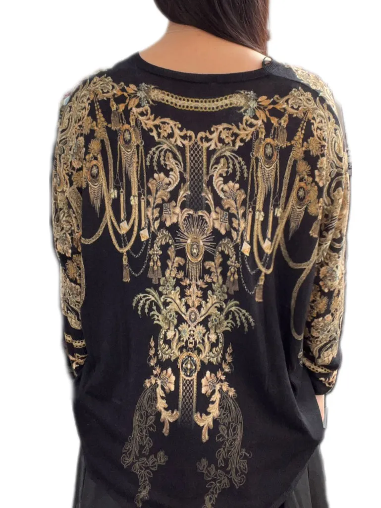 Camilla Black and Gold V-neck Jumper - size M