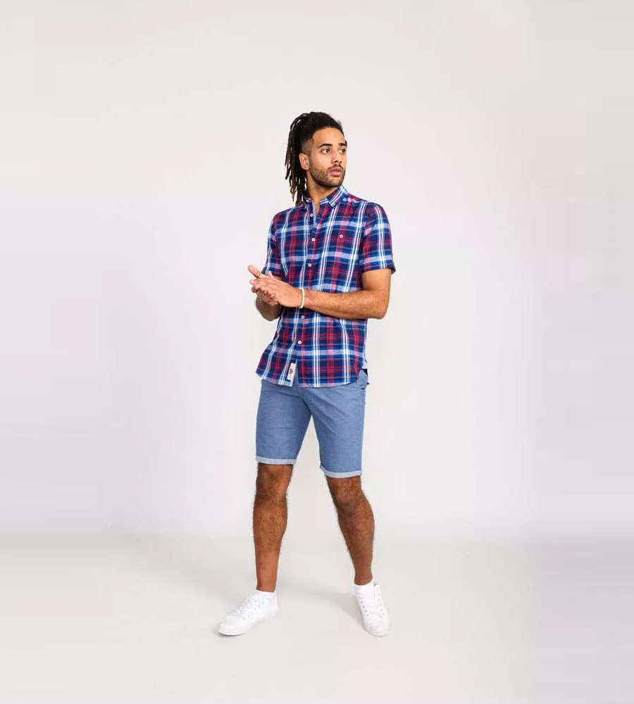 D555 Tall Mens Blue/Red Short Sleeve Check Shirt (PORTLAND)