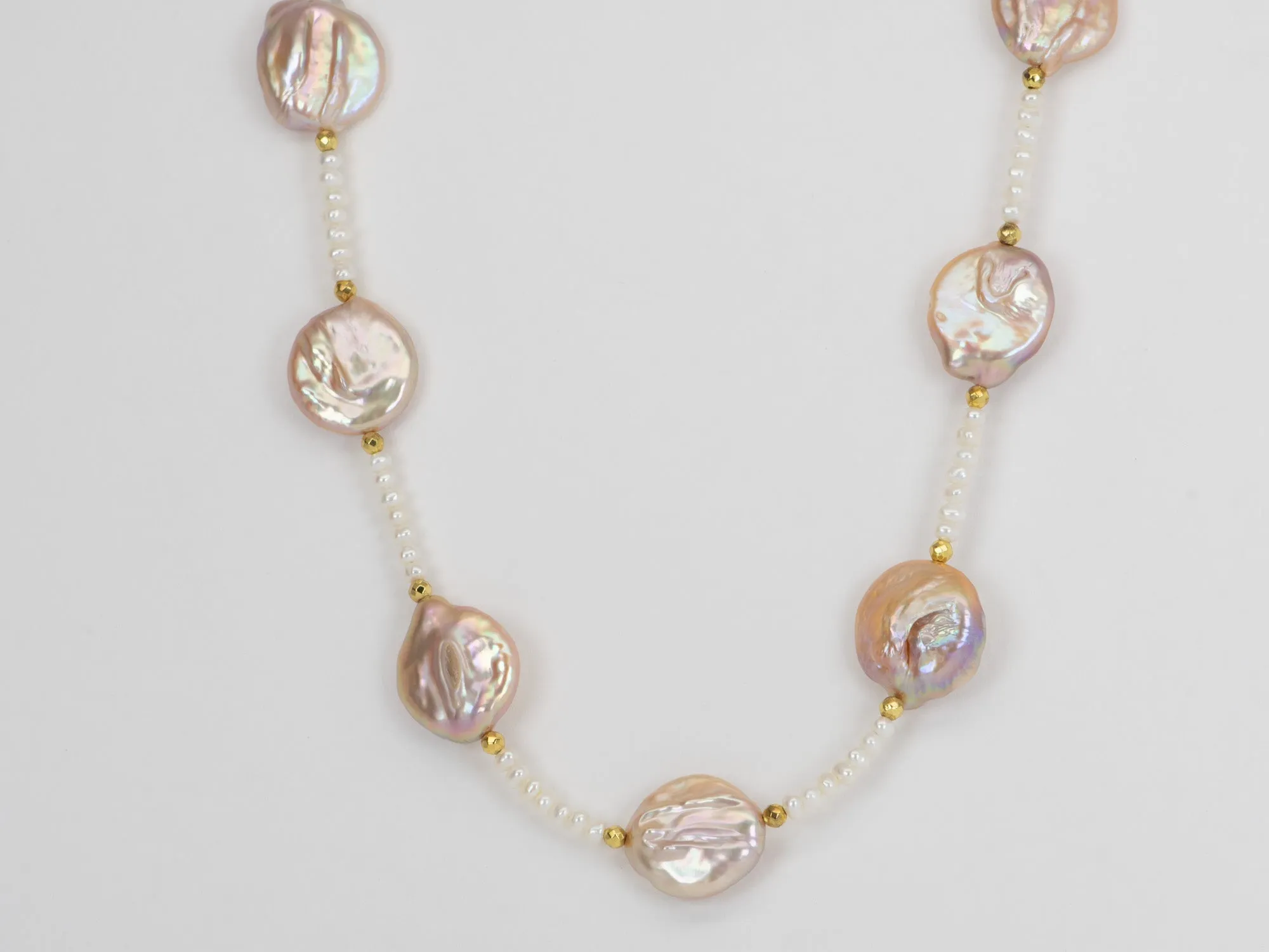 Dash and Dot Mixed Pearl Long Necklace 14K Gold Filled Finishing R4342