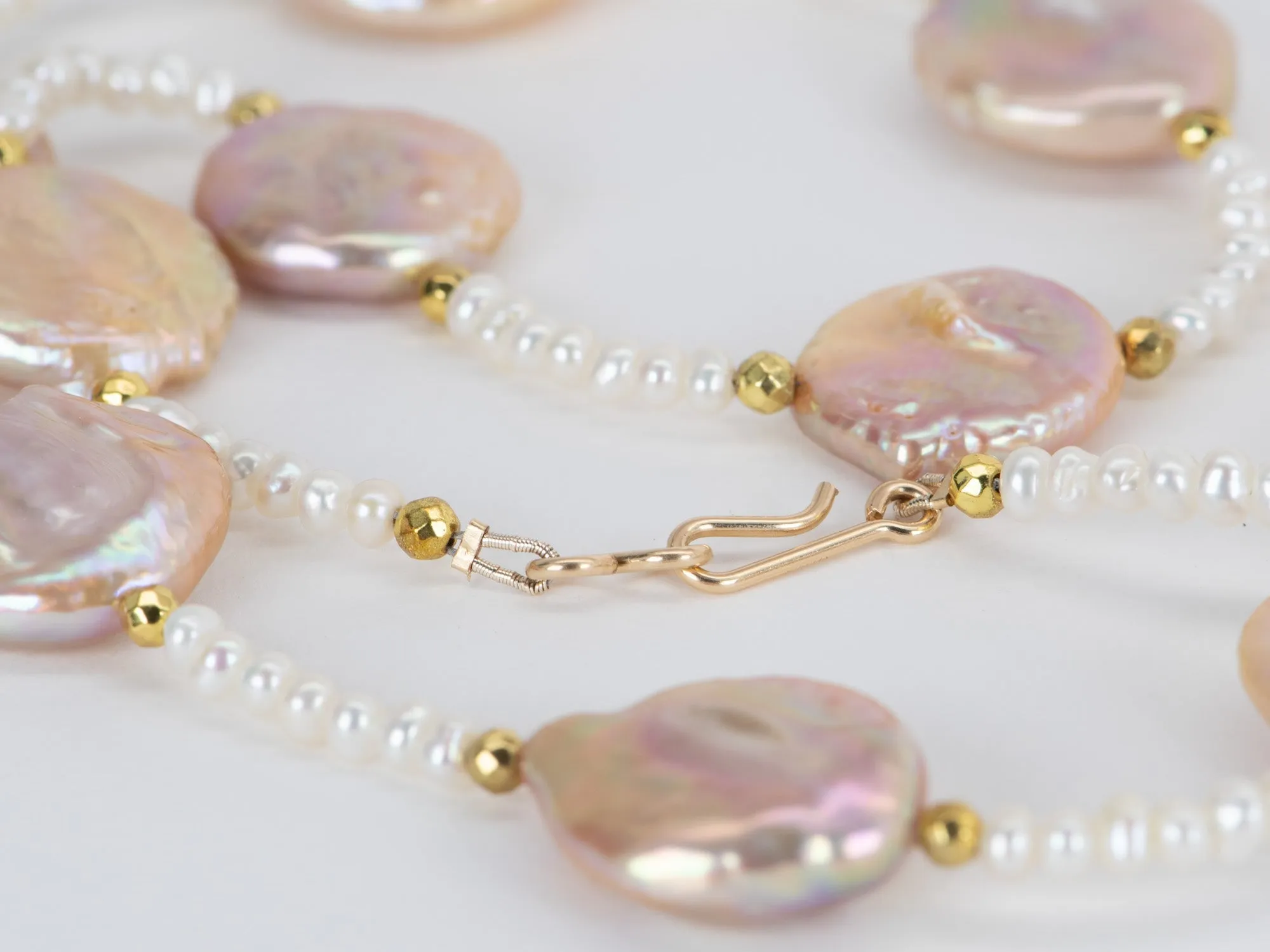 Dash and Dot Mixed Pearl Long Necklace 14K Gold Filled Finishing R4342