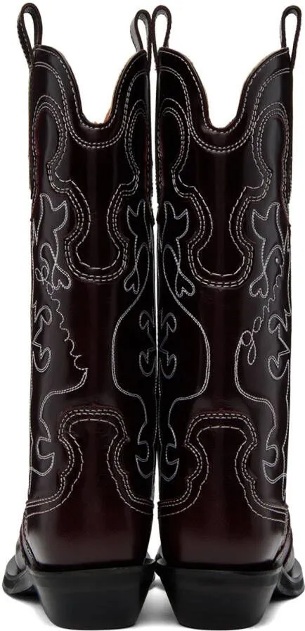 GANNI Burgundy Embroidered Western Boots