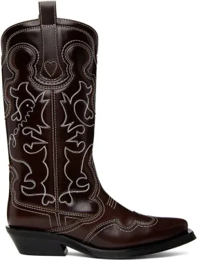 GANNI Burgundy Embroidered Western Boots