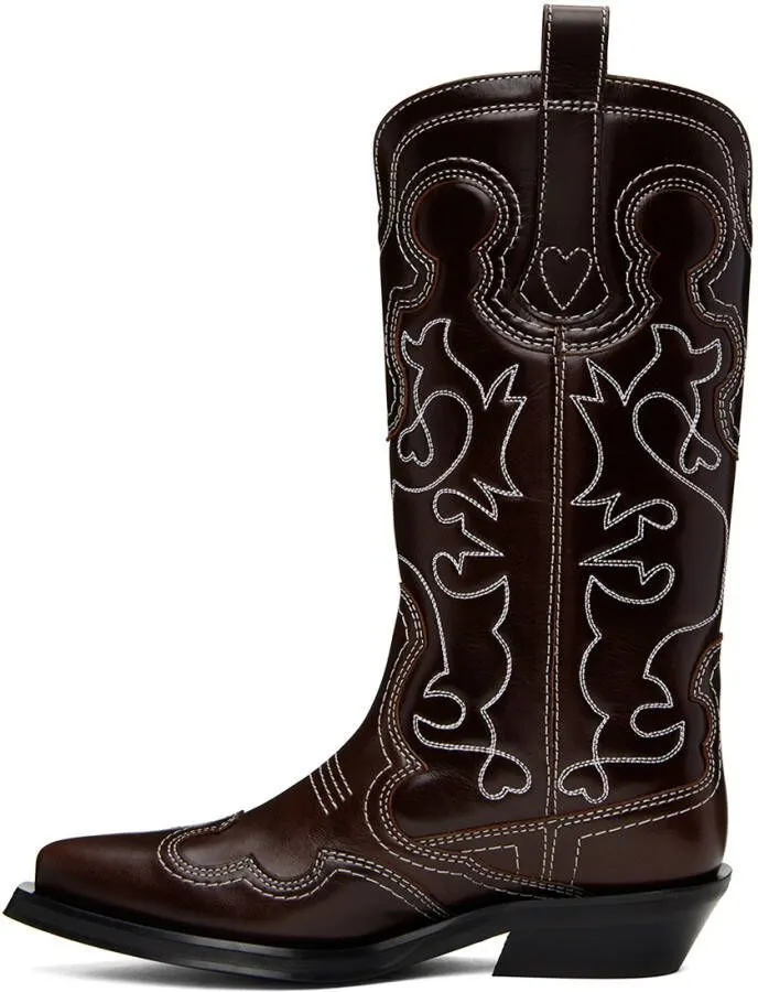 GANNI Burgundy Embroidered Western Boots