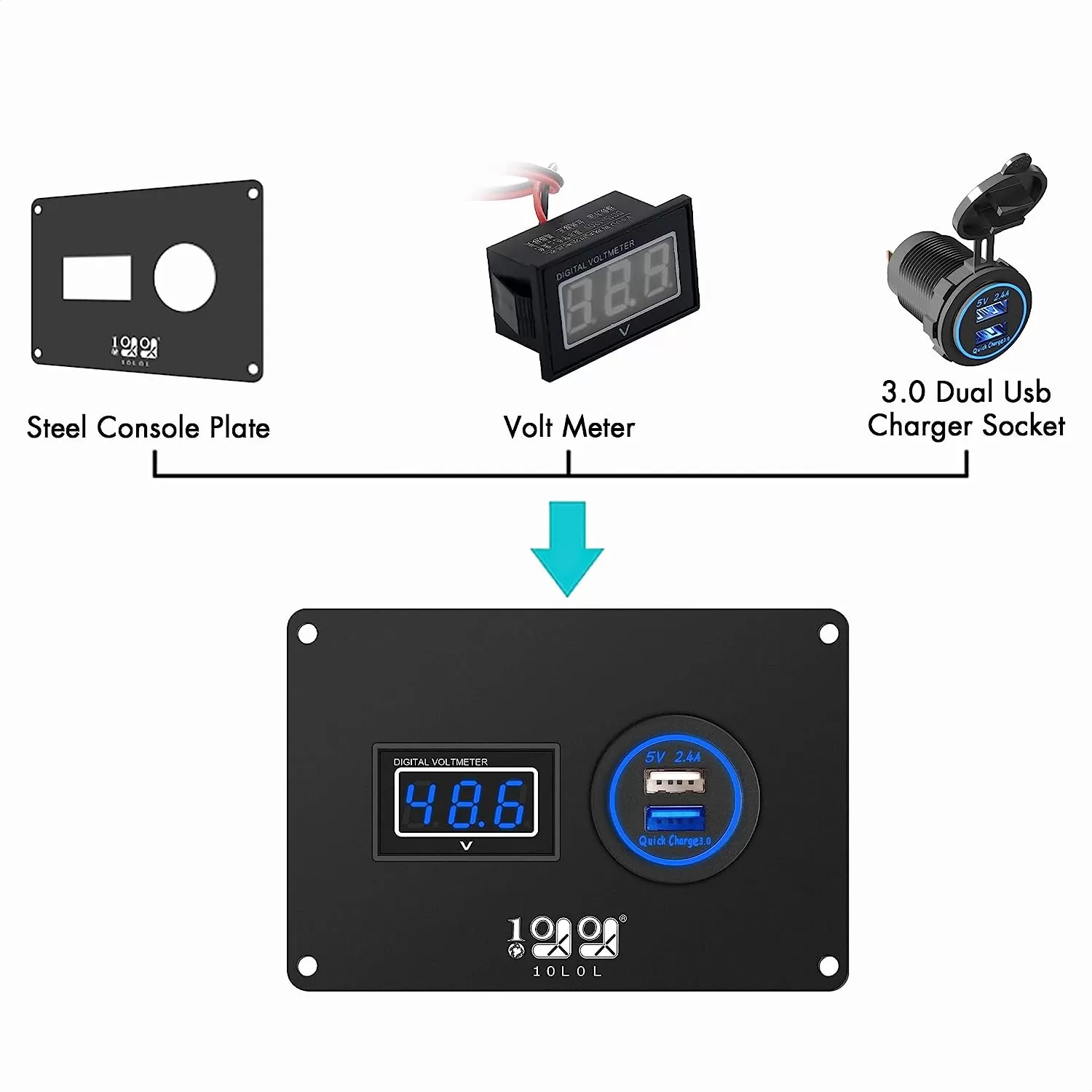 Golf Cart Volt Meter and USB Port 2-in-1 Panel with 3.0 Fast Charging - 10L0L