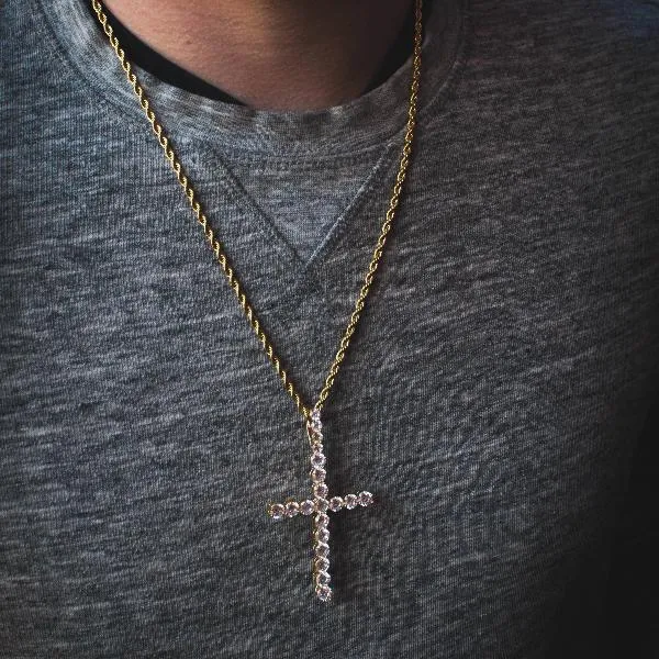 Long Diamond Cross Necklace in Yellow/White Gold