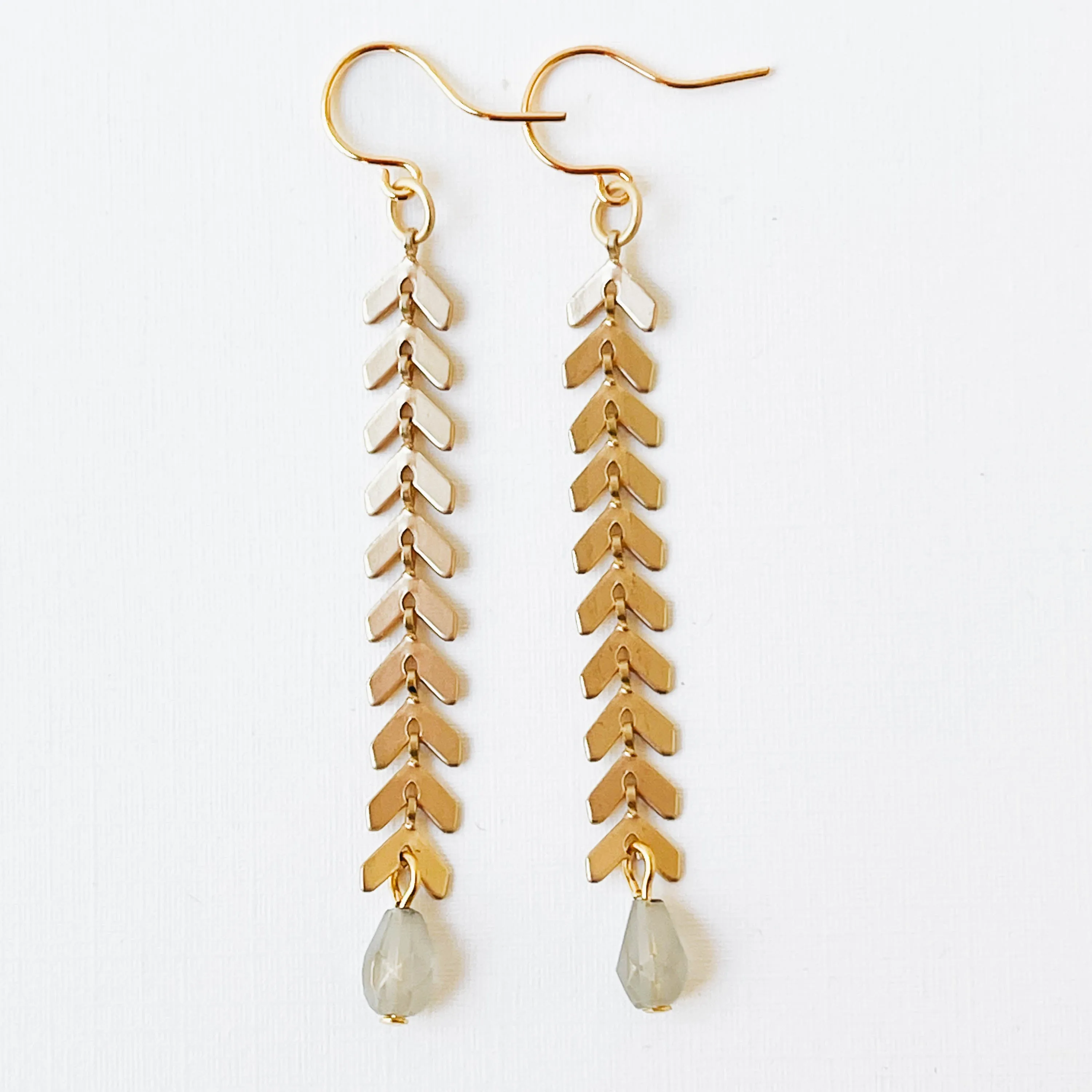 Long Gold Chevron and Pale Grey Bead Earrings - WS