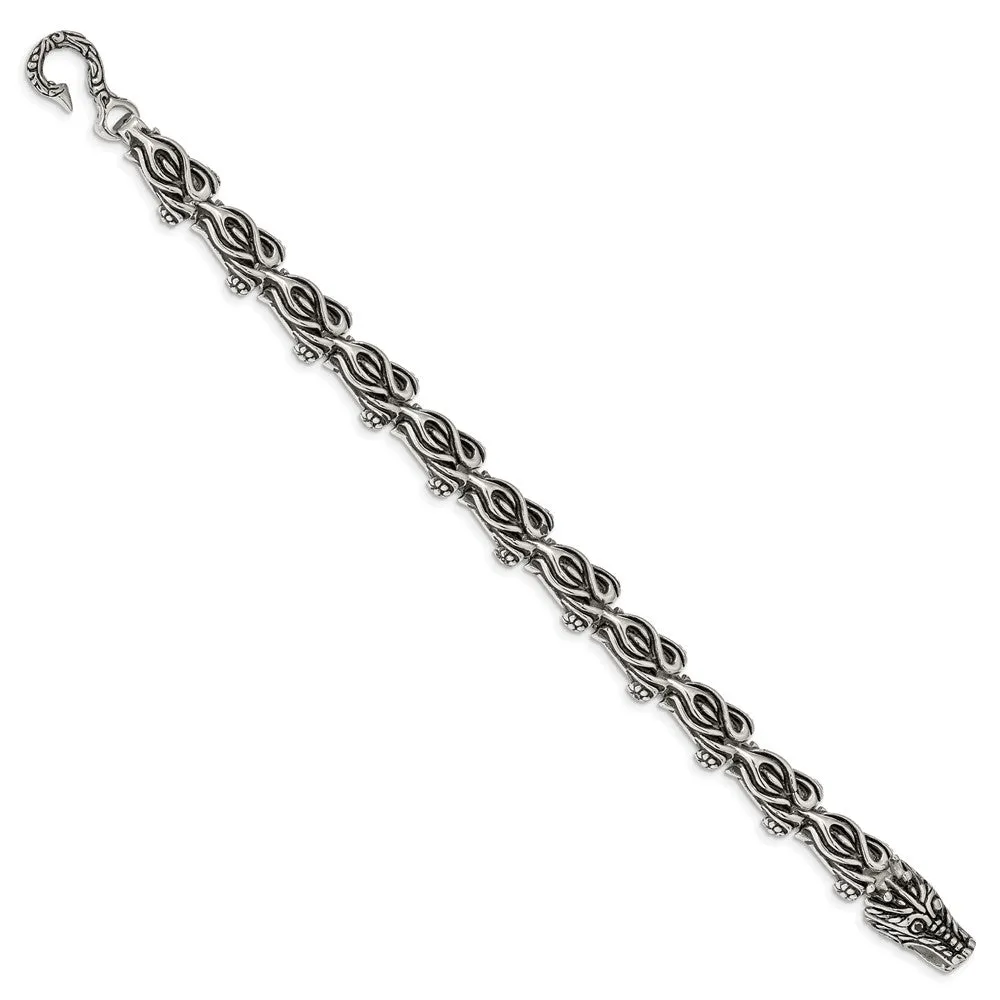 Men's 11mm Stainless Steel Antiqued Dragon Link Bracelet, 8.25 Inch