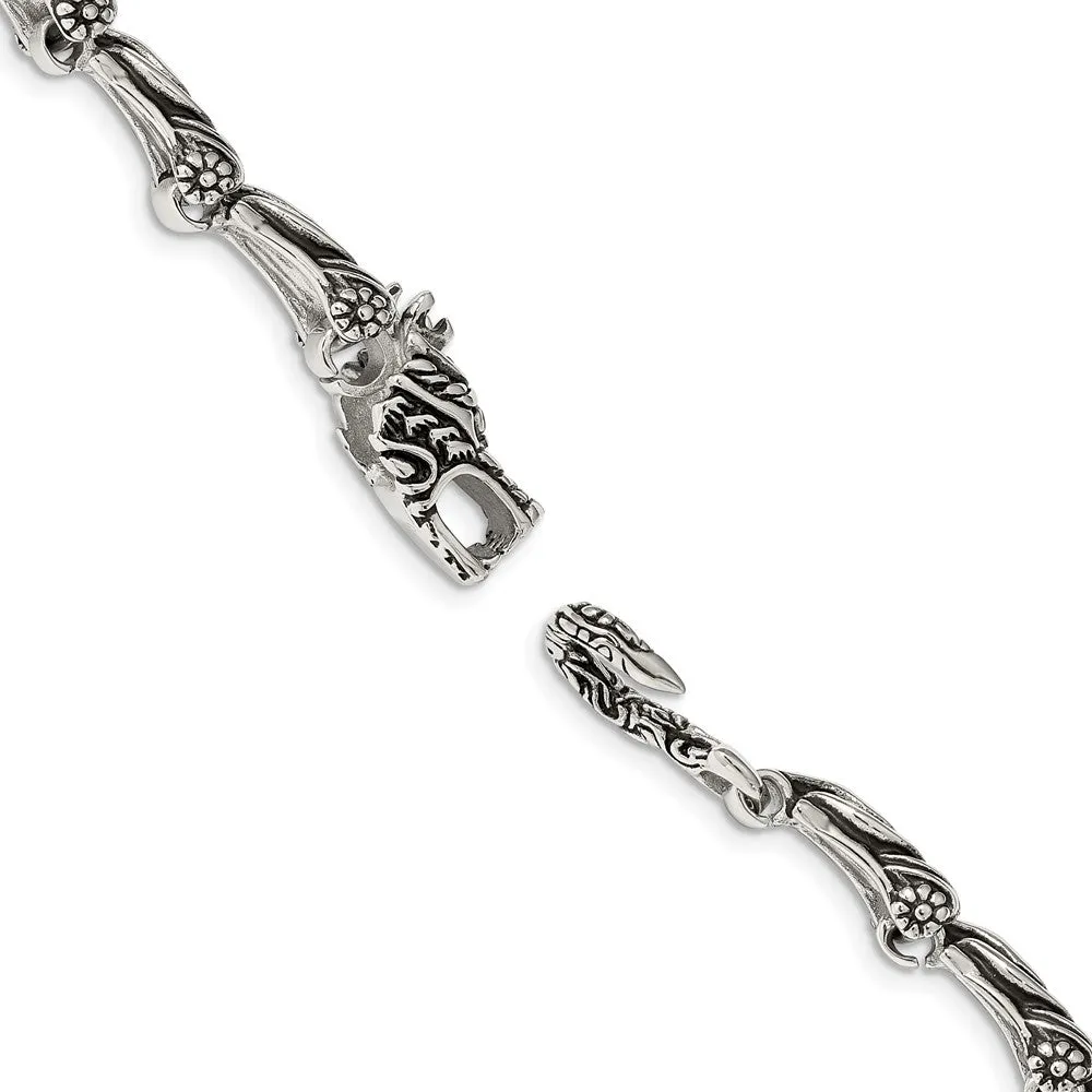 Men's 11mm Stainless Steel Antiqued Dragon Link Bracelet, 8.25 Inch