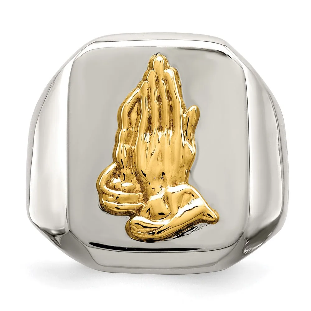 Men's 20mm Stainless Steel w/14K Gold Accent Praying Hands Ring