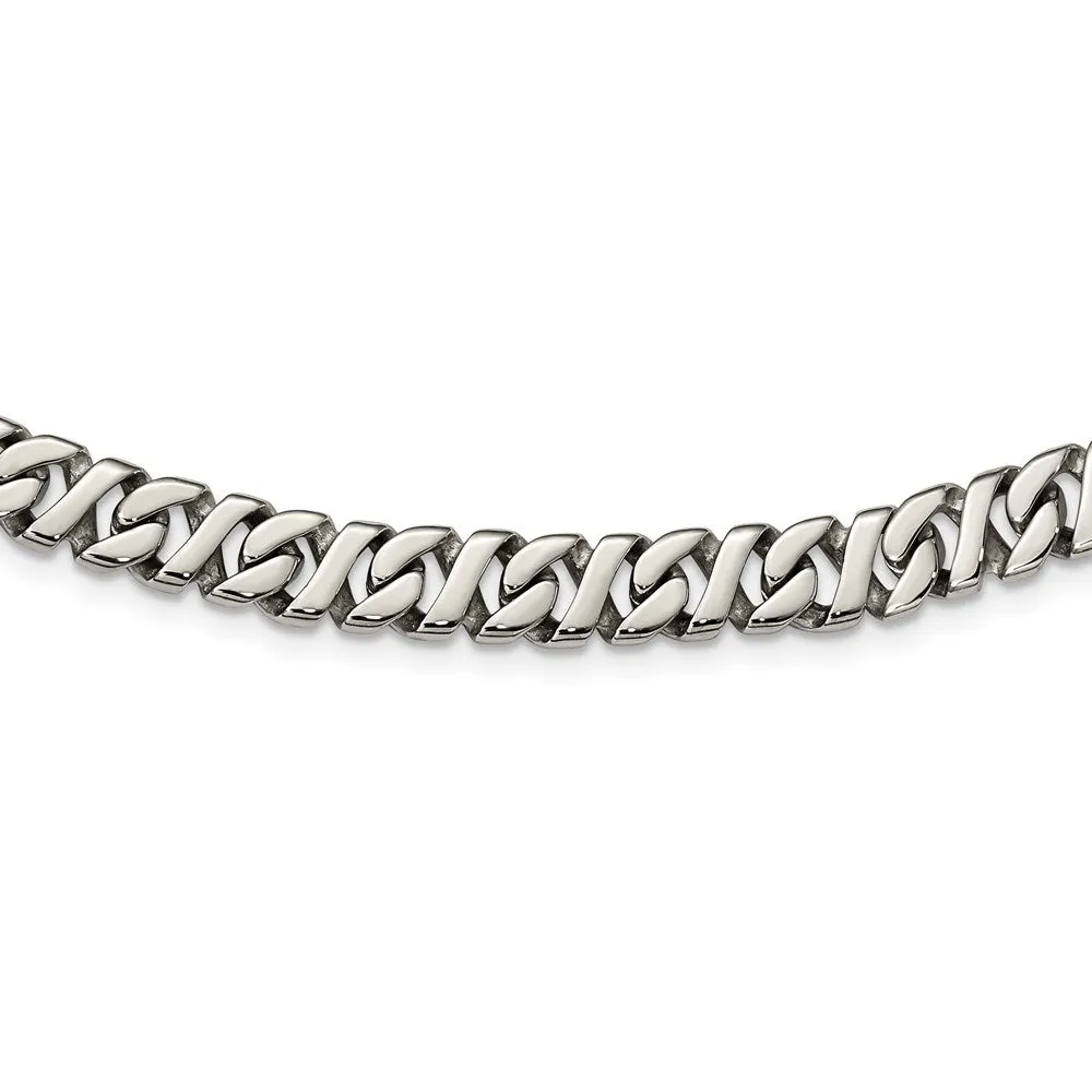 Men's 9mm Stainless Steel Fancy Curb Chain Necklace, 24 Inch