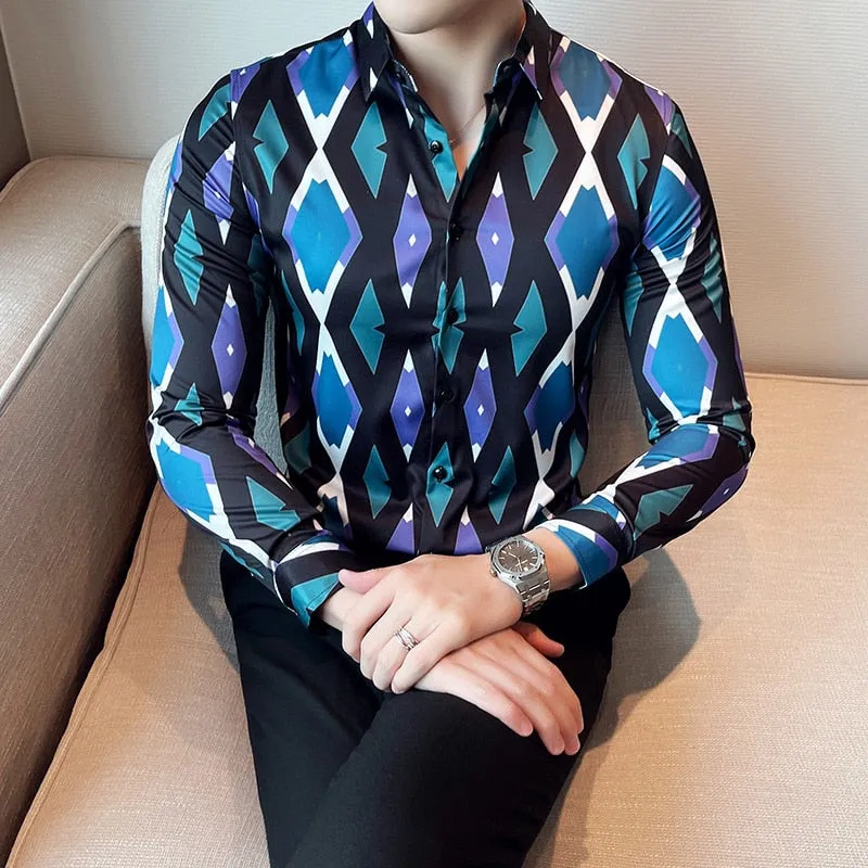 Men's Korean Style Diamond Pattern Printed Long Sleeve Shirt