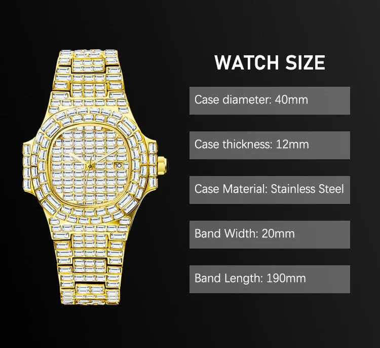 Men's Luxury Baguette Diamond Round Case Hip Hop Quartz Wristwatch