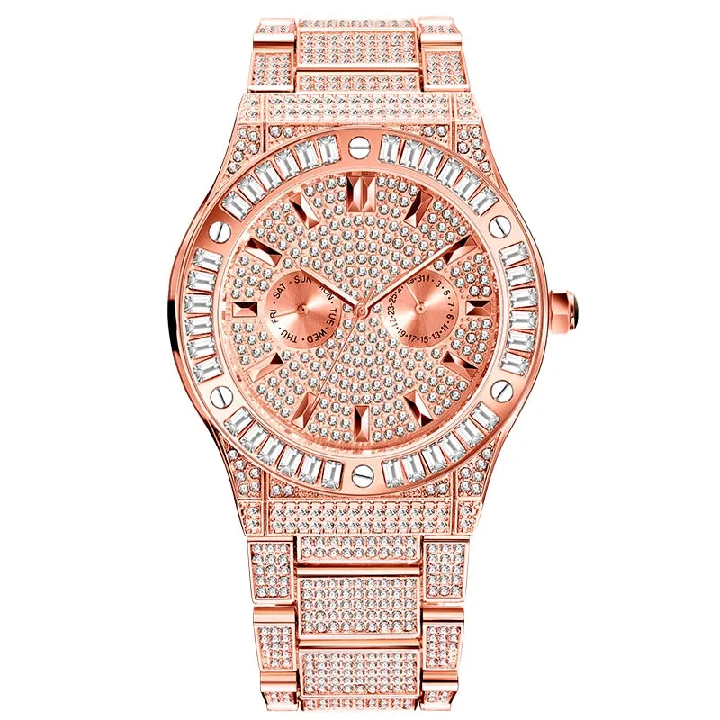 Men's Luxury Bling Square Diamond Stainless Steel Quartz Wristwatch