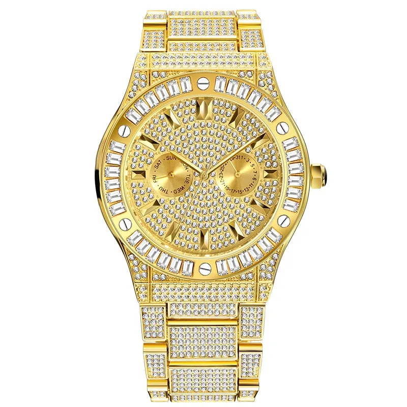 Men's Luxury Bling Square Diamond Stainless Steel Quartz Wristwatch