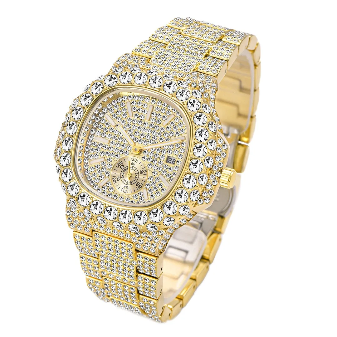 Men's Luxury Diamond Automatic Date Stainless Steel Quartz Wristwatch