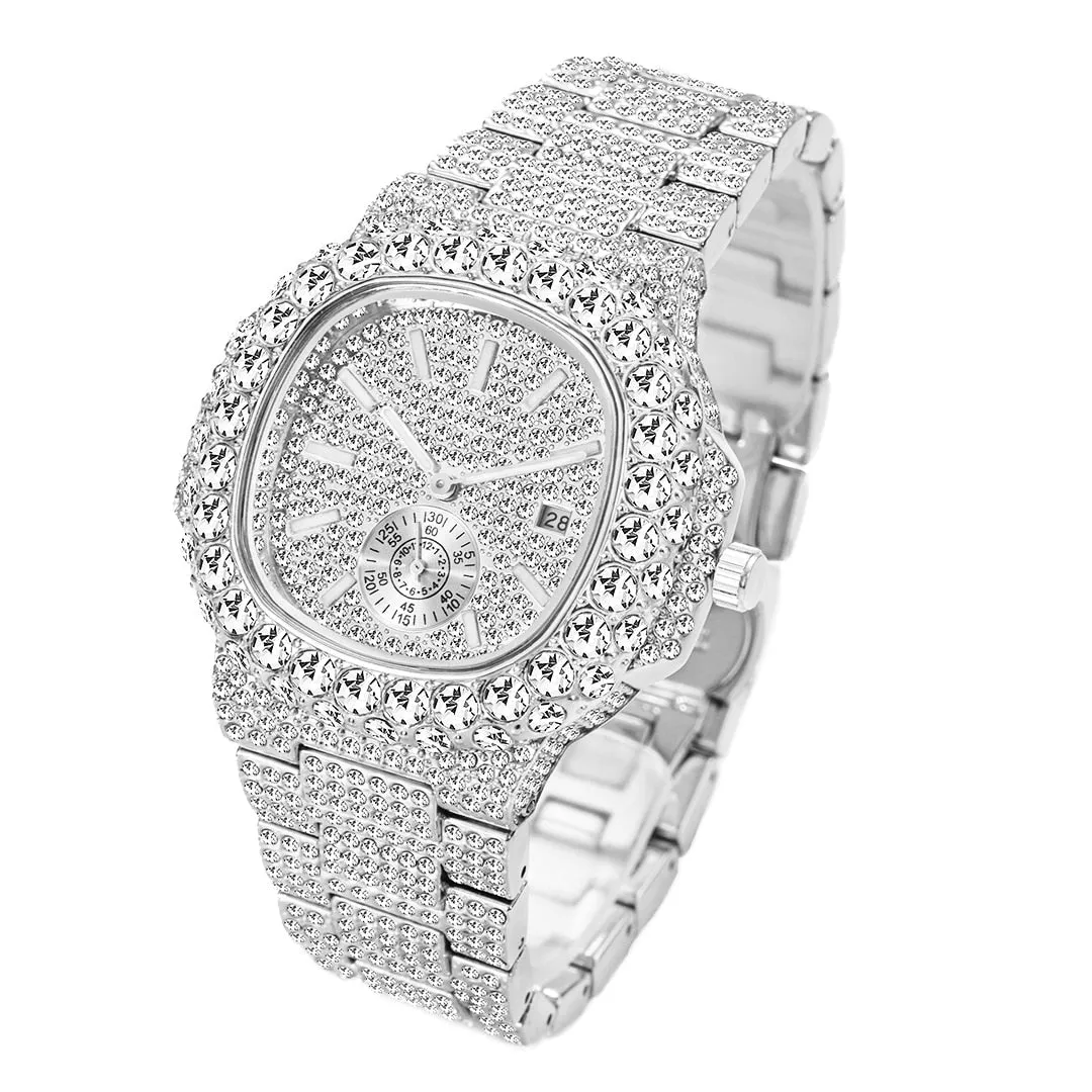 Men's Luxury Diamond Automatic Date Stainless Steel Quartz Wristwatch