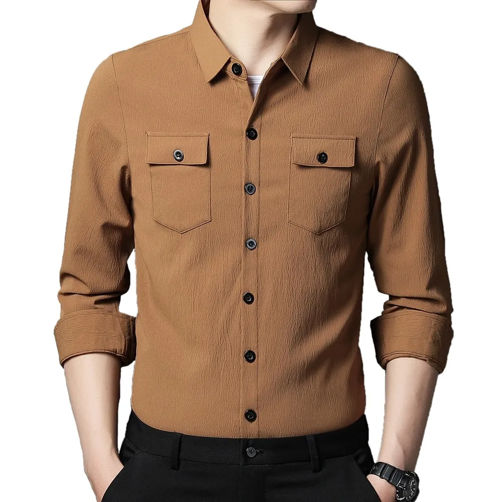 Men's Luxury Two Pocket Square Collar Casual Style Long Sleeve Shirt