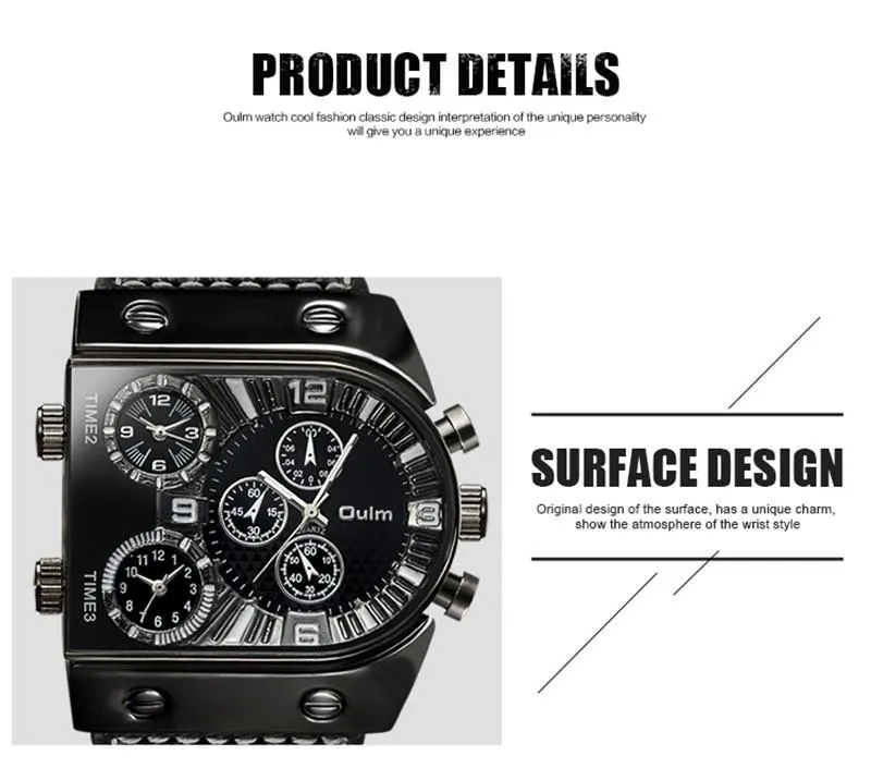 Men's Military Style Leather Strap Multi-Time Zone Quartz Wristwatches