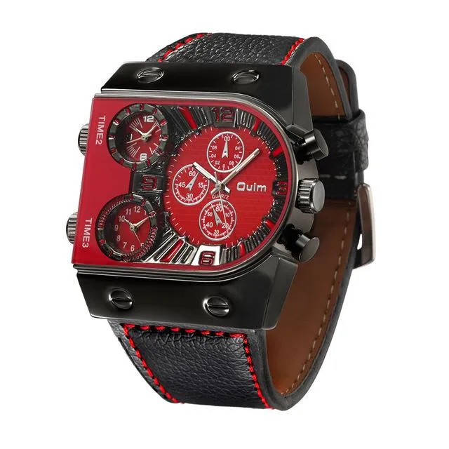 Men's Military Style Leather Strap Multi-Time Zone Quartz Wristwatches