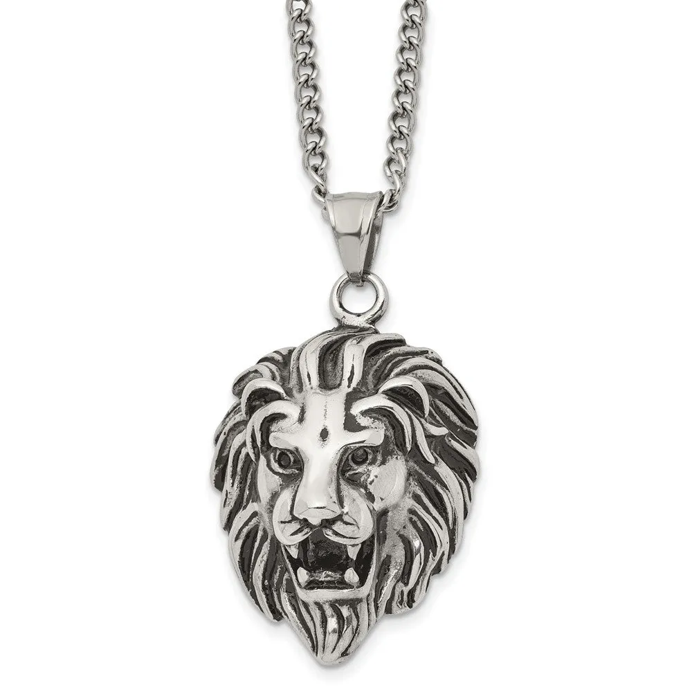 Men's Stainless Steel Antiqued Large 3D Lion Head Necklace, 24 Inch