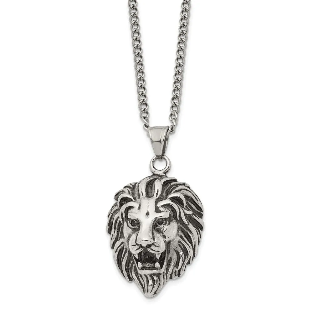 Men's Stainless Steel Antiqued Large 3D Lion Head Necklace, 24 Inch