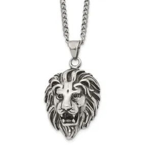 Men's Stainless Steel Antiqued Large 3D Lion Head Necklace, 24 Inch