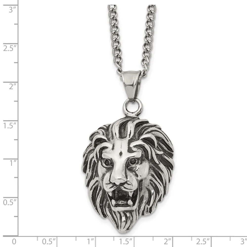 Men's Stainless Steel Antiqued Large 3D Lion Head Necklace, 24 Inch