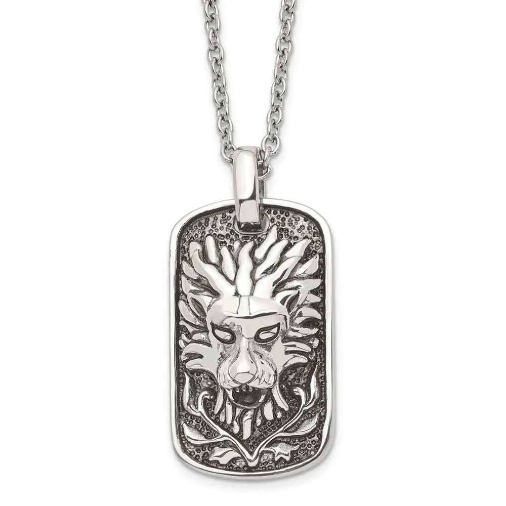 Men's Stainless Steel Antiqued Lion's Head Dog Tag Necklace, 22 Inch