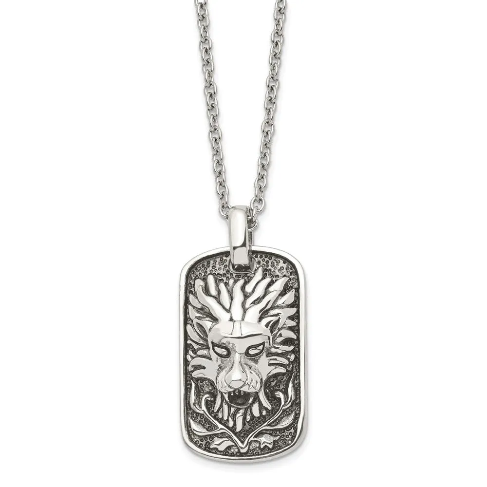 Men's Stainless Steel Antiqued Lion's Head Dog Tag Necklace, 22 Inch