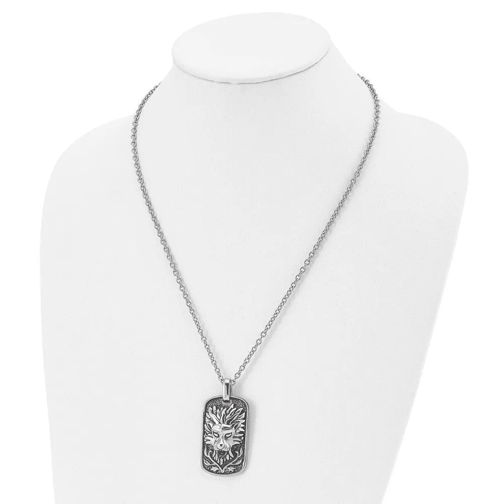 Men's Stainless Steel Antiqued Lion's Head Dog Tag Necklace, 22 Inch