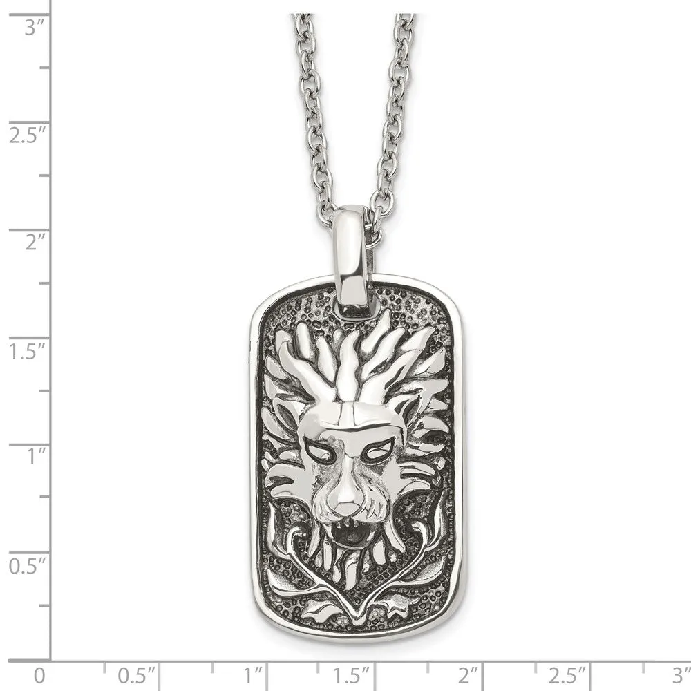 Men's Stainless Steel Antiqued Lion's Head Dog Tag Necklace, 22 Inch