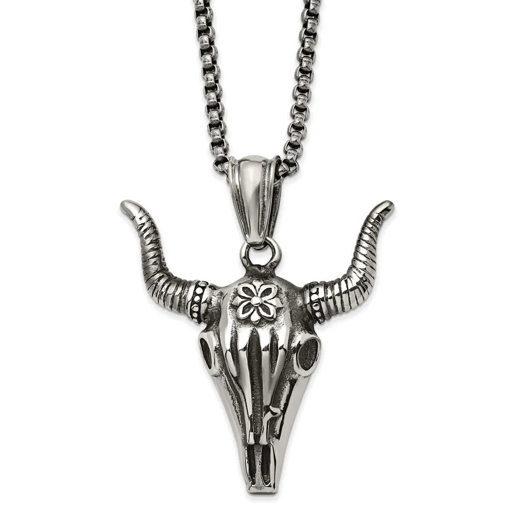 Men's Stainless Steel XL Antiqued Steer Skull Necklace, 24 Inch