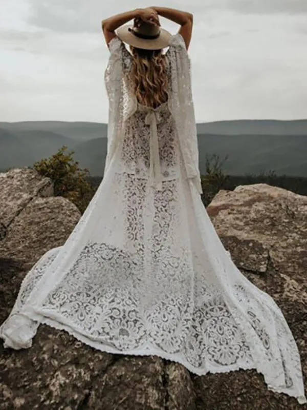 Momnfancy Floral Lace Cape Backless Boho Puffy Sleeves Pregnant Maternity Photoshoot Maxi Dress