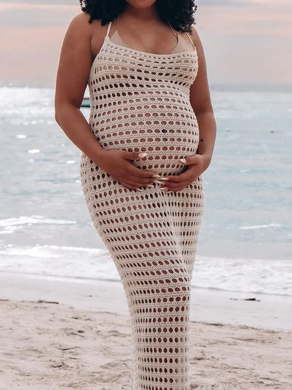 Momnfancy Summer Apricot Cut Out Knitting Sheer Beach Photoshoot Maternity Maxi Dress