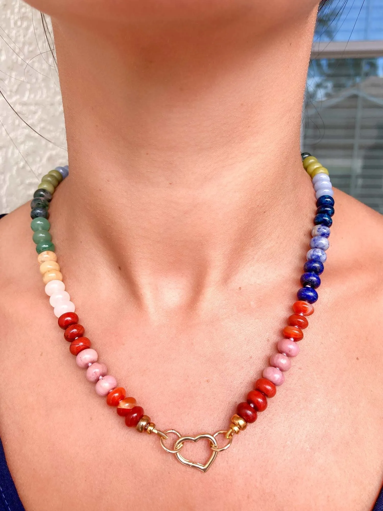 Rainbow Bead Long Necklace Hand Knotted 14K Gold Filled Loops R4323