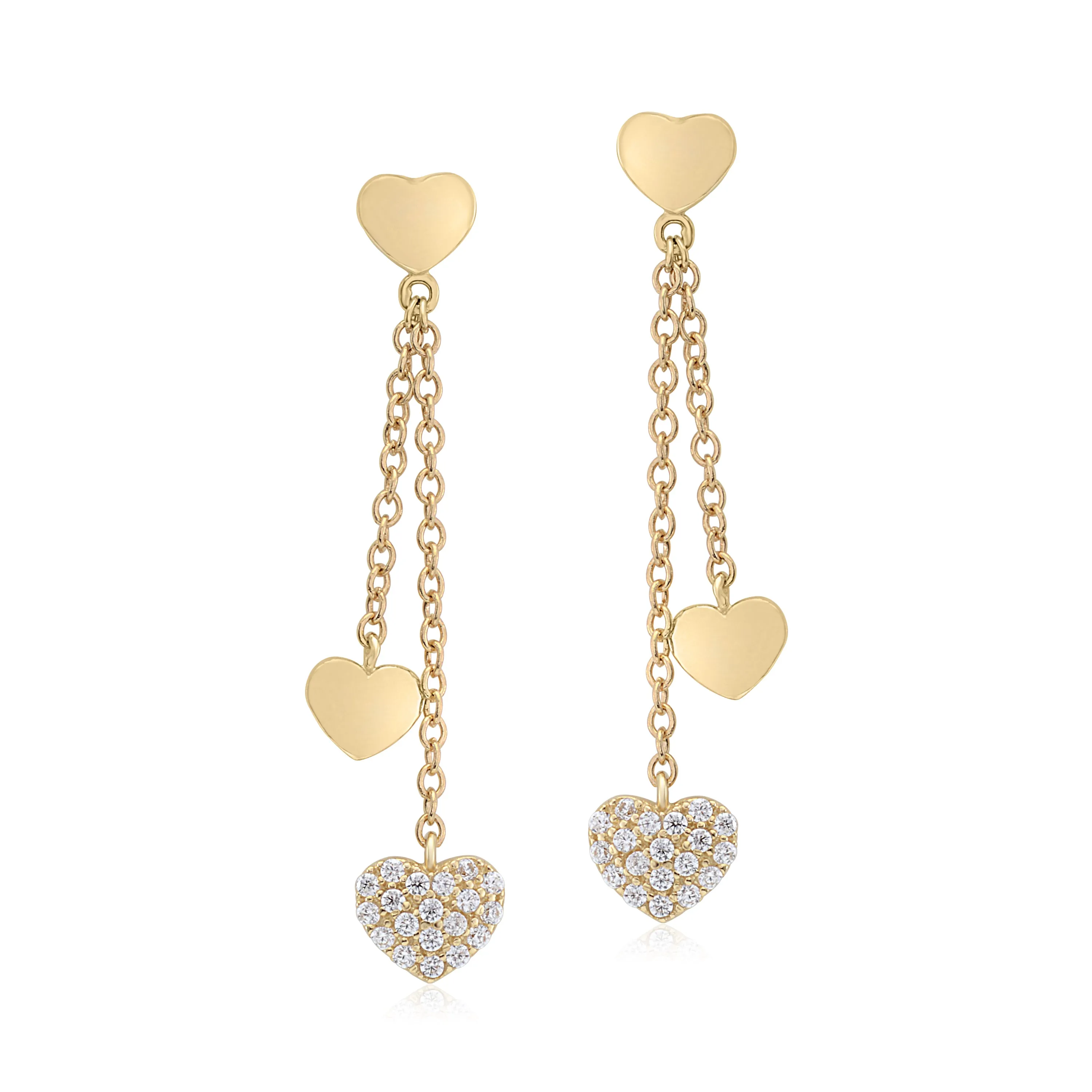 UNICORNJ 14K Yellow Gold Polished and Pave CZ Long Double Dangle Drop Heart Earrings Italy